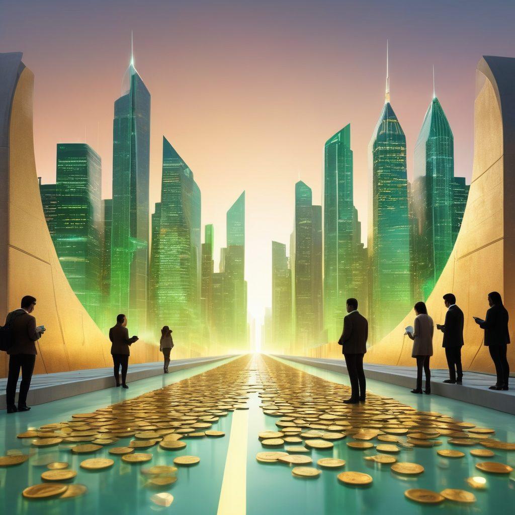 A futuristic city skyline representing financial growth, with glowing pathways leading to a large key unlocking a giant vault filled with gold coins. In the foreground, a diverse group of people discussing credit and loan options with digital tablets and charts. Soft, warm lighting to create an inviting atmosphere, with hints of green to symbolize prosperity. super-realistic. vibrant colors. white background.